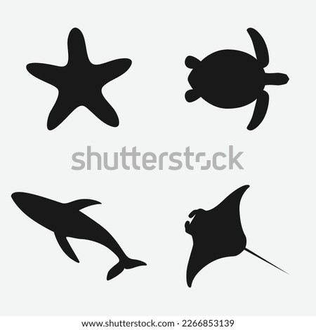 collection of mix sea animals silhouette, Starfish, Sea turtle, Whale, Manta ray