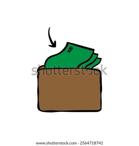 Hand drawn wallet filled with money illustration isolated. Suitable for presentation, web, graphic design needs 