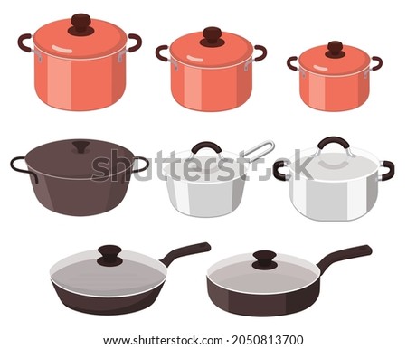 Set of realistic pans and pots. Kitchen utensils, cooking appliances. Collection for chef, cooking lunch and dinner, boiling elements. Volumetric vector illustration isolated on white background