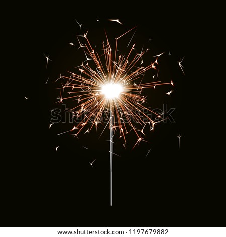 Bengal fire. New year sparkler candle isolated on black background. Realistic vector light effect. Party backdrop. Sparkler vector firework. Magic light. Winter Xmas decoration illustration.