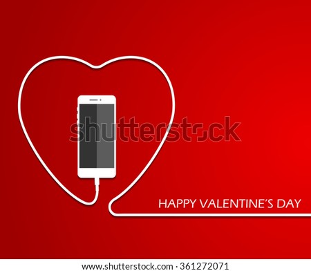 Heart with phone, wire. Valentines card. Eps. Vector illustration. love smartphone flayer. Mothers day poster template.