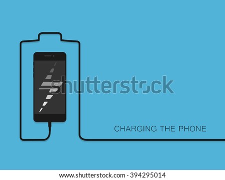 Black Phone charging with energy bank. Dark Smarthone and line wire. Minimalism Outline earphone. . Eps10. Trendy simple Vector illustration banner, card, template for your design.