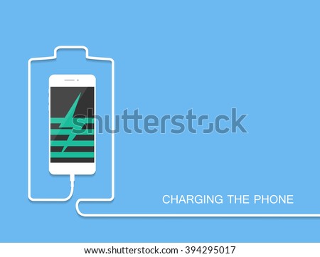 White Phone charging with energy bank. Smarthone and line wire. Minimalism Outline earphone. . Eps10. Trendy simple Vector illustration banner, card, template for your design.
