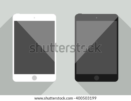 Realistic tablet collection in new ipad style.  White and black flat device shiouette with shadow isolated on gray background. Smart template for your design, web site, development app mockup.