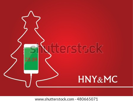 White Phone charging in style christmas tree. Smartphone with line wire.  Cellphone with time. Minimalism, Outline earphone. Trendy simple. Happy New Year Vector illustration banner, card, design.
