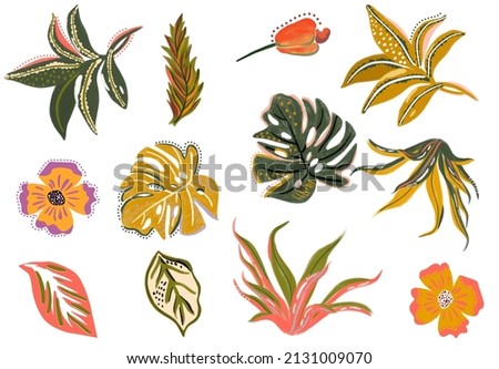 colorful tropical set isolated elements flowes leaves and plants branches artsy watercolor gouache handrawn digital illustration cashew monsteral palm  Foto d'archivio © 