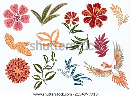 special set of tropical elements great for pattern design use colorful parot abstract hibiscus farm palm tree leaves gouache drawing yellow red blue and green ストックフォト © 