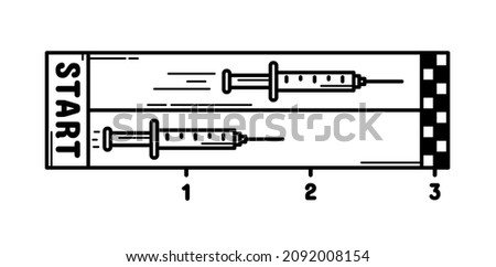 Covid-19 vaccin syringes race, third vaccination, 3rd jab injection, race against virus concept icon, isolated on white background.