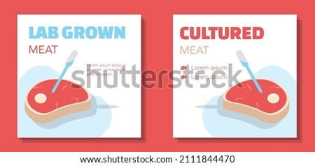 Lab grown meat social media post banner set, cultured beef advertisement concept, vitro food marketing square ad, synthetic technology flyer, futuristic leaflet, isolated.
