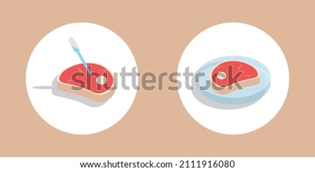 Cultured meat icon set, flat vector style illustration, lab-grown beef, isolated on background.