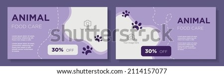 Animal food care banner template set, pet store advertisement, purple business ad, pet service flyer, card, isolated on background.