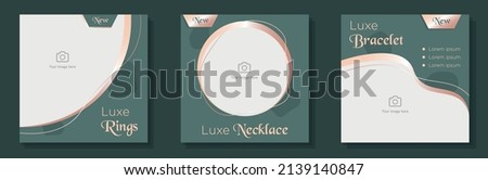 Women's fashion jewelry social media post, banner set, luxe jewelry shop advertisement concept, rings, necklace marketing square ad, abstract print, isolated on background.