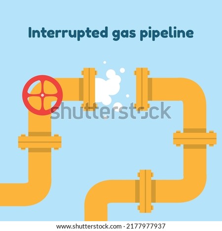 Interrupted gas pipeline illustration, banner, global crisis advertisement concept, energy supply and demand sign, marketing vector, industrial pipe valve wheel, isolated on background