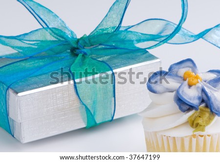 Wrapped gift and decorated mini cupcake for a special day