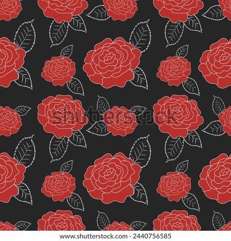 Seamless pattern with red rose flowers on a black background. Vector illustration. Great for wallpaper, wrapping paper, fabric, banners, etc.