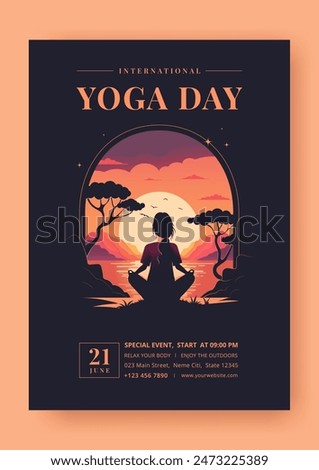 International Yoga Day. June 21. Woman at sunrise or sunset doing yoga outdoors. A woman is doing yoga, practicing, meditating. Trees, sea and hills in the background. Flyer, banner, poster. Vector