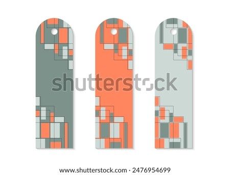 Bookmark design with abstract art deco pattern set. Set of vertical printable patterns with abstract rectangular shapes and lines. Bookmark for book and notepad. Vector illustration.