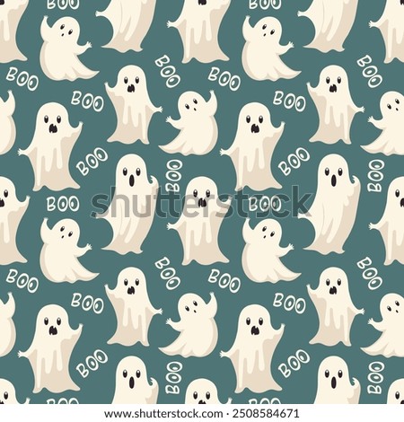 Seamless Halloween illustration with ghosts and threatening inscriptions Boo on a blue-green background. Print on wrapping paper, greeting cards, textiles, backgrounds.