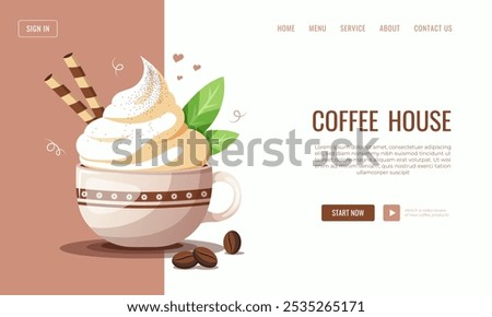 Modern web banner template, website, landing page for a coffee house, featuring a cup of whipped cream-topped coffee. Ideal for use in coffee shop websites, restaurant branding, or promotional