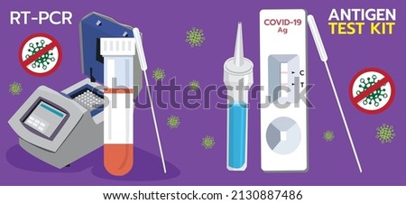 illustration vector two devices Rt-pcr, Antigen test kit with text and virus on purple background.