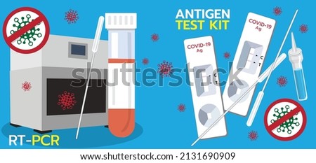 illustration vector two devices Rt-pcr, Antigen test kit with text and virus on blue background.