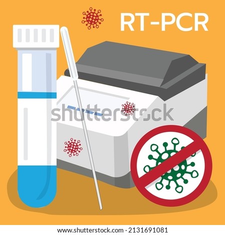 illustration vector two devices rt-pcr with text and virus on orange background.