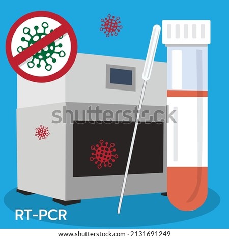 illustration vector two devices rt-pcr with text and virus on blue background.