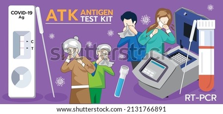 illustration vector two devices 
Rt-pcr, Antigen test kit with text and virus on purple background, Coughing, sneezing, runny nose.