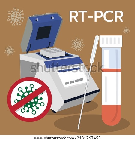 illustration vector two devices 
rt-pcr with text and virus on brown background.