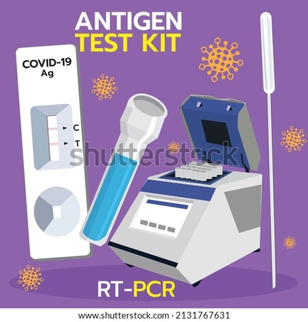 illustration vector two devices rt-pcr with text and virus on purple background.