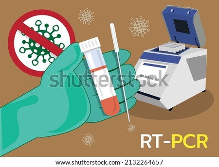 illustration vector two devices rt-pcr with text and virus on brown background, Mobile phone testing device.