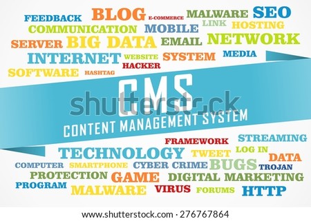 content management system word on collage word concept with blue background