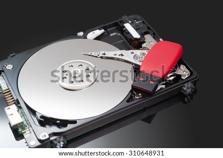 USB Flash Drive on hard disk drive close up
