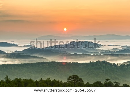 Sunrise over the panoramic mountains of Da Lat with his sun rise on the hill waxing pine soon covered with clouds and fog do to honor the beauty highland Da Lat