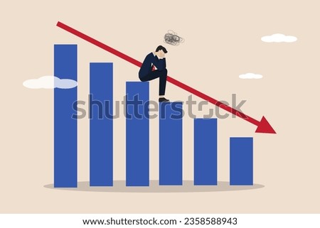 Business failure, work mistake, shame, bankruptcy or failed businessman concept, depressed businessman sitting alone on a descending graph. Successful businessman illustration.