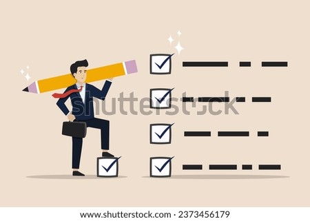 Finishing work, completing business tasks, completed checklist, concept of checking business data, smart businessman holding pencil ticks boxes all completed tasks. Businessman vector illustration.