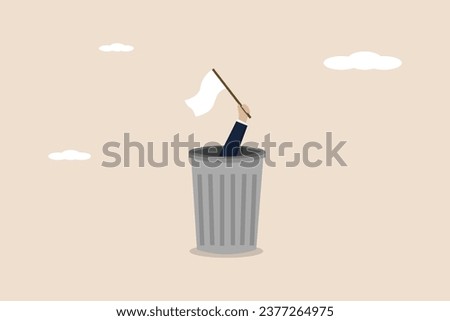 Giving up, business failure, failed businessman, work mistakes or failed business concept, quitting work or giving up, businessman hand holding a white surrender flag from inside a trash can.