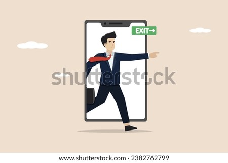 Reduce phone screen time, quit virtual social media, live your real life concept, happy young man walking out of smart phone screen following green exit sign.