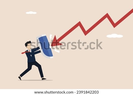 Protection or defensive stock in an economic crisis or market crash, business resilience to survive adversity, businessman holding a shield to cover and protect from the arrow of downturn.