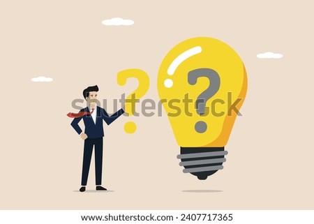 Finding ideas to solve business problems, business difficulties concept, finding solutions, FAQ concept, businessman finding solutions to problems business ideas on idea light bulb.