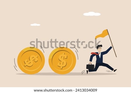 Cash flow, investment fund flow, fund raising, bank loan or financial activity to making money or profit concept, businessman leader or investor holding flag control flow of money Dollar coins.