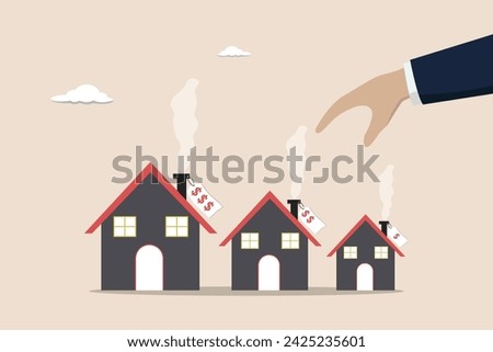 House or mortgage affordability calculation, picking new home base on budget, businessman thinking to choose different home variants with price tags.