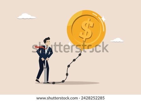 Inflation, interest rate policy to reduce inflation, Dollar recession or money devaluation concept, businessman inflates an air pump into a floating Dollar money coin.