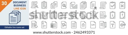 Document icons Pixel perfect. Document icon set. Set of 30 outline icons related to document, files, message, security. Linear icon collection. Editable stroke. Vector illustration.
