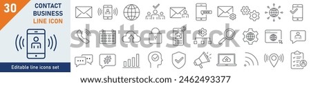 Contact Basic icons Pixel perfect. Contact Basic icon set. Set of 30 outline icons related to contact, mail, mobile, web. Linear icon collection. Editable stroke. Vector illustration.