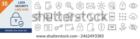 Lock icons Pixel perfect. Set of 30 outline icons related to lock, home, message, key. Linear icon collection. Editable stroke. Vector illustration.