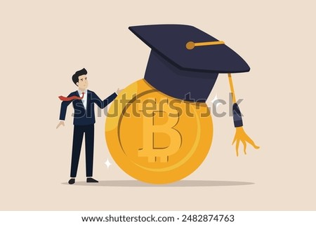 Crypto currency, BTC bitcoin currency, BTC bitcoin currency with graduation cap.