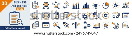 Assessment icon set. Set of 30 outline icons related to assessment, performance, evaluation, graphs. Linear icon collection. Assessment outline icons collection. Editable stroke. Vector illustration.