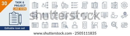 Task line icon set. Set of 30 outline icons related to management, to do list, clipboard, and more. Linear icon collection. Task and projects outline icons collection. Editable stroke.