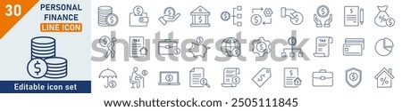 Personal finance line icon set. Set of 30 outline icons related to savings, budget, loan, taxes, and more. Linear icon collection. Personal finance outline icons collection. Editable stroke.